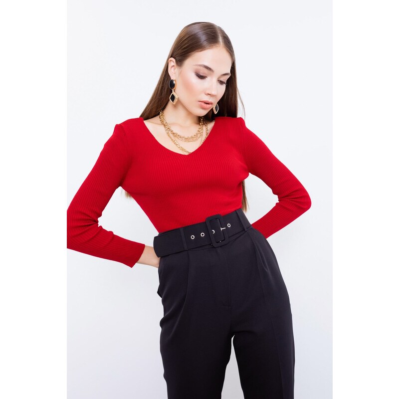 Lafaba Women's Red V-Neck Knitwear Sweater