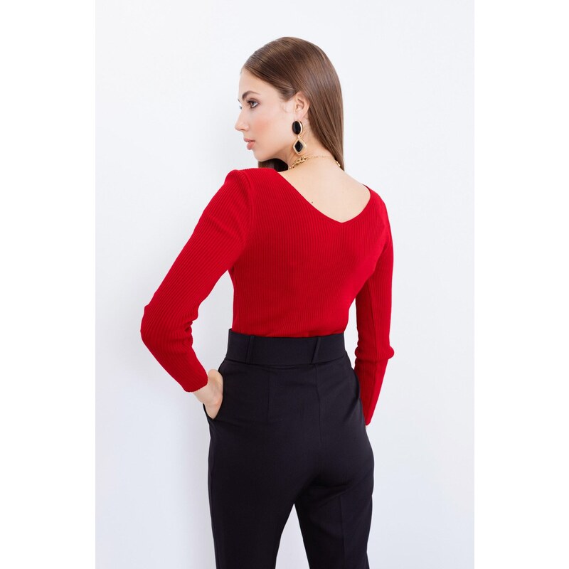 Lafaba Women's Red V-Neck Knitwear Sweater