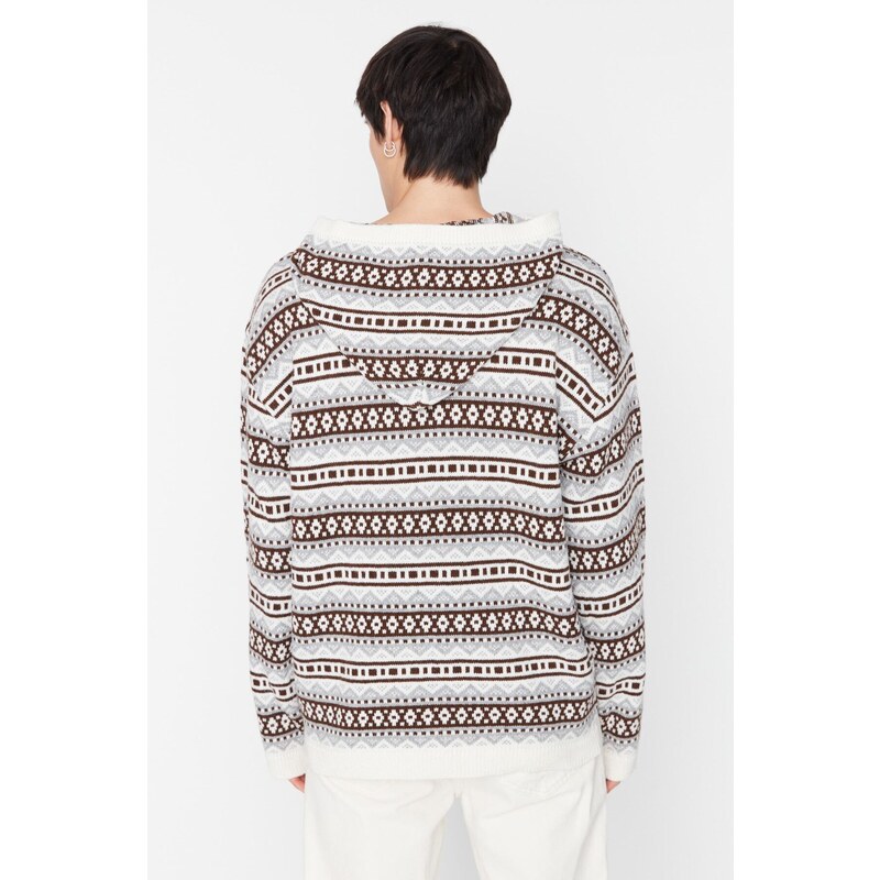 Trendyol Beige Men's Oversize Fit Wide Fit Hooded Jacquard-Knitwear Sweater.