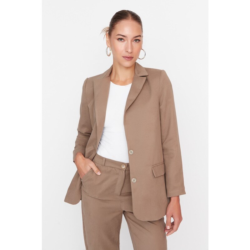 Trendyol Khaki Suede Woven Buttoned Blazer Jacket