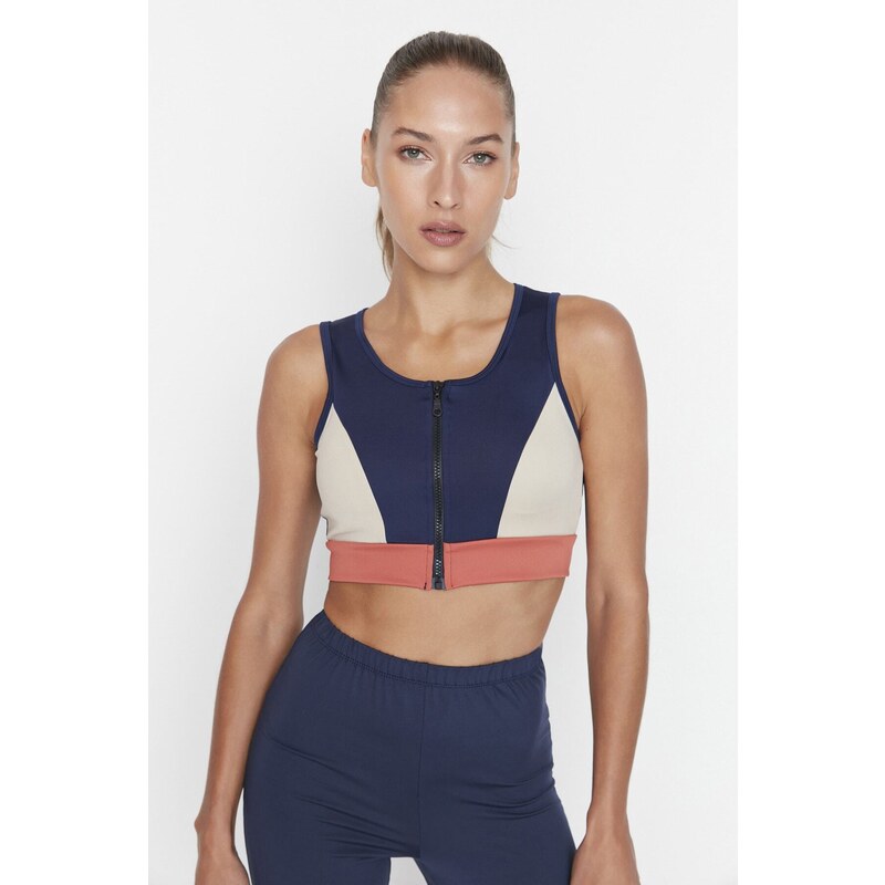 Trendyol Navy Color Block Support/Shape Zipper Knitted Sports Bra