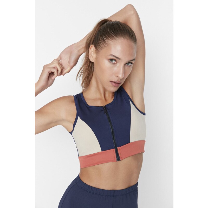 Trendyol Navy Color Block Support/Shape Zipper Knitted Sports Bra