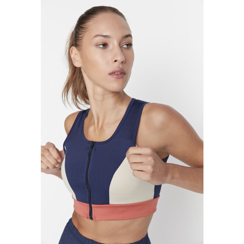 Trendyol Navy Color Block Support/Shape Zipper Knitted Sports Bra