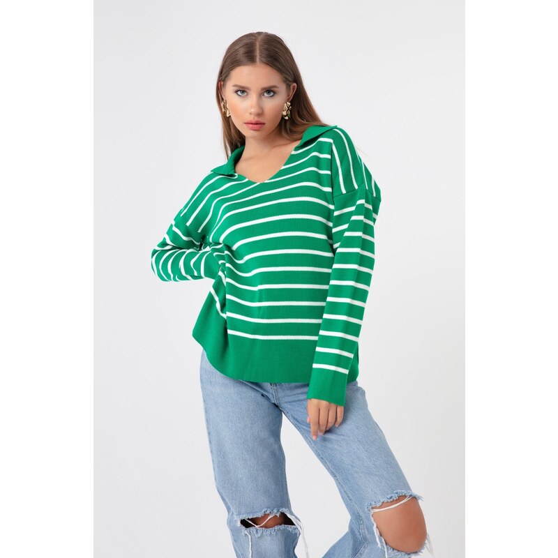 Lafaba Women's Green Shirt Collar Striped Knitwear Sweater