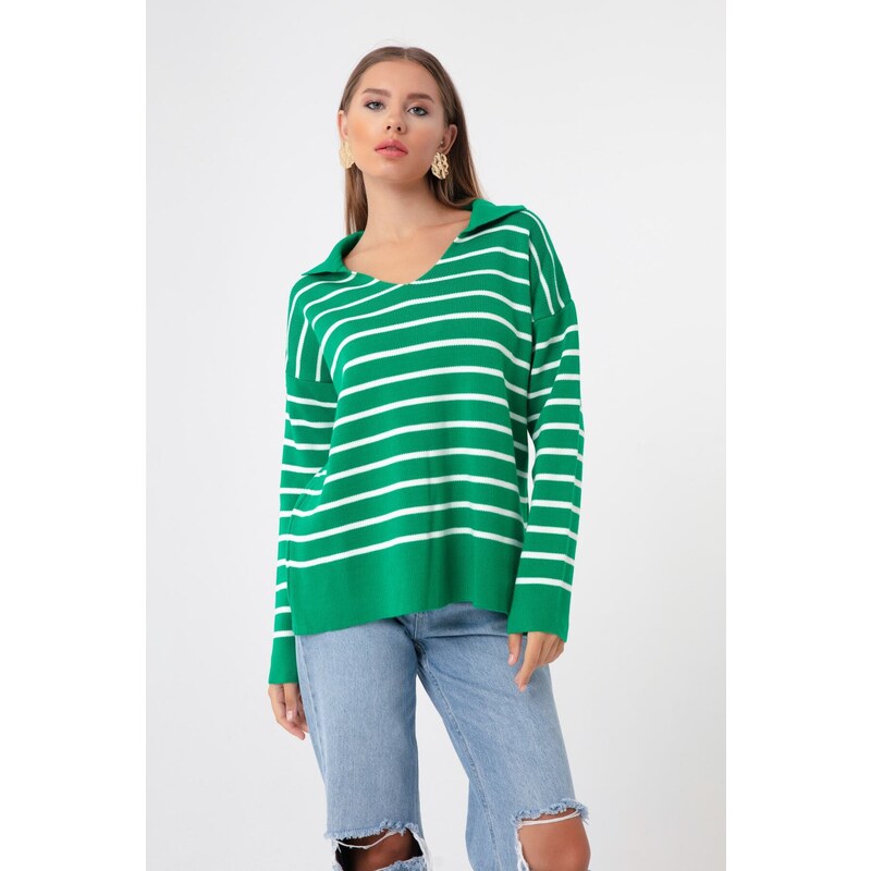 Lafaba Women's Green Shirt Collar Striped Knitwear Sweater