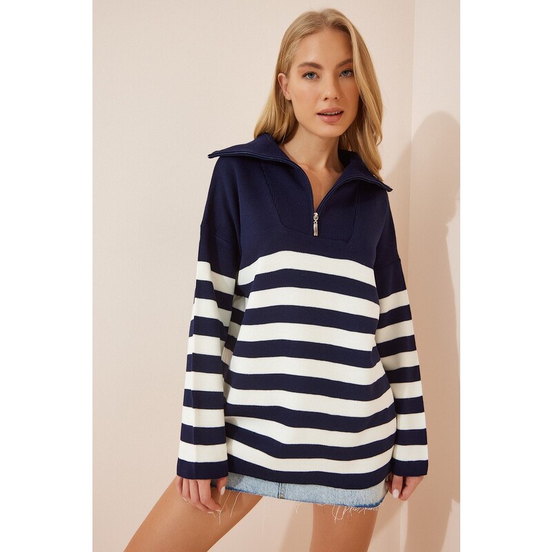 Happiness İstanbul Women's White Navy Blue Zippered High Collar Striped Oversize Knitwear Sweater