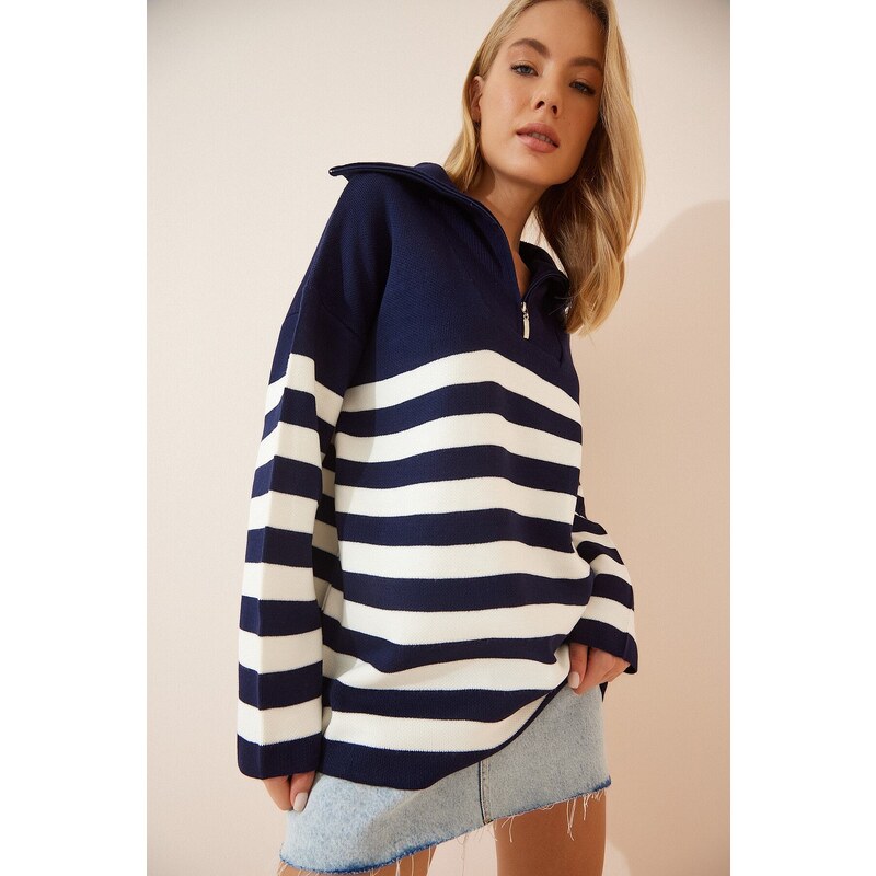 Happiness İstanbul Women's White Navy Blue Zippered High Collar Striped Oversize Knitwear Sweater