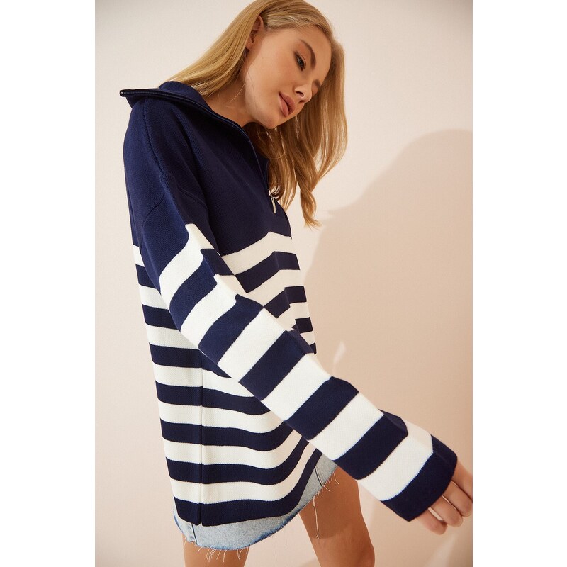 Happiness İstanbul Women's White Navy Blue Zippered High Collar Striped Oversize Knitwear Sweater