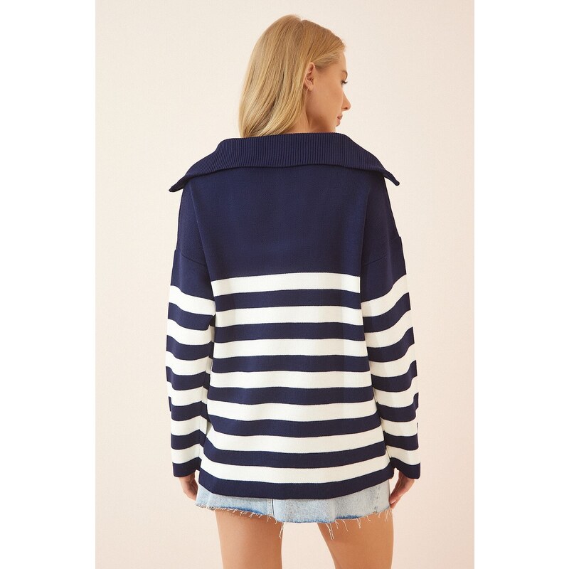 Happiness İstanbul Women's White Navy Blue Zippered High Collar Striped Oversize Knitwear Sweater