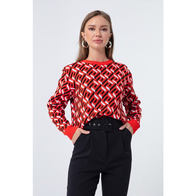 Lafaba Women's Red Crewneck Patterned Knitwear Sweater