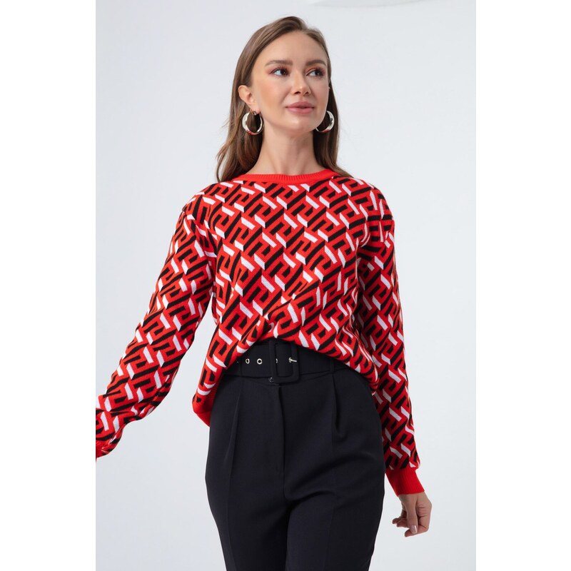 Lafaba Women's Red Crewneck Patterned Knitwear Sweater