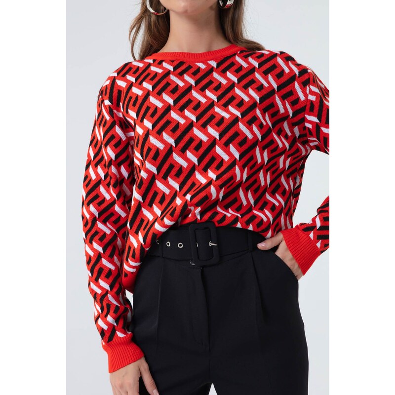 Lafaba Women's Red Crewneck Patterned Knitwear Sweater