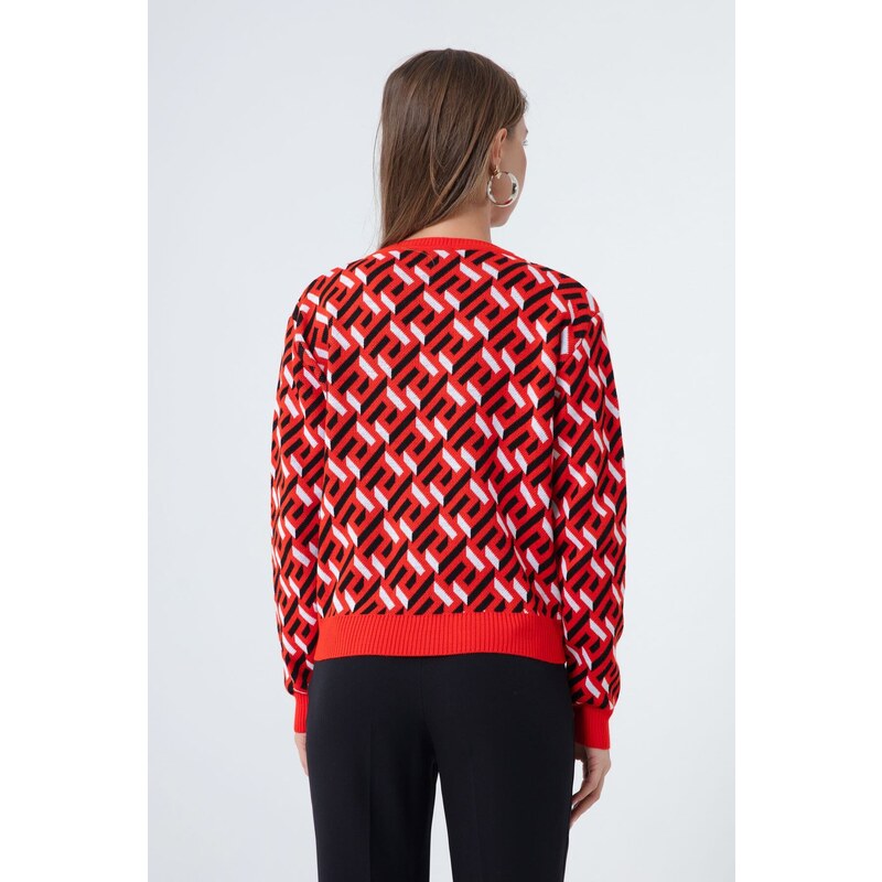 Lafaba Women's Red Crewneck Patterned Knitwear Sweater