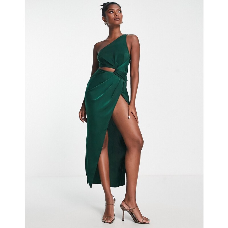 ASOS DESIGN knot detail midaxi dress with cut out detail in green 100041395