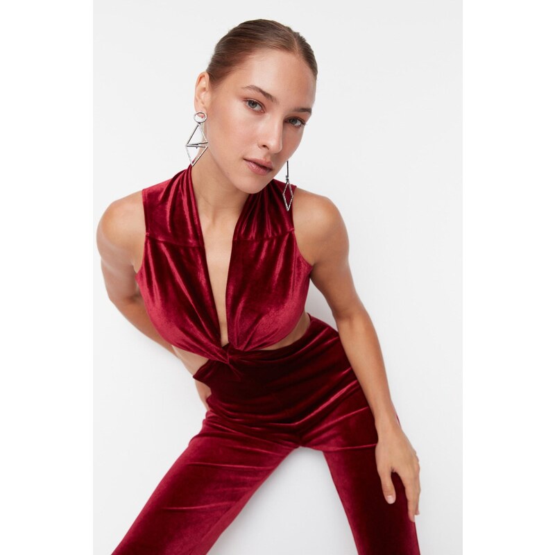 Trendyol Claret Red Velvet Knot Detailed Jumpsuit