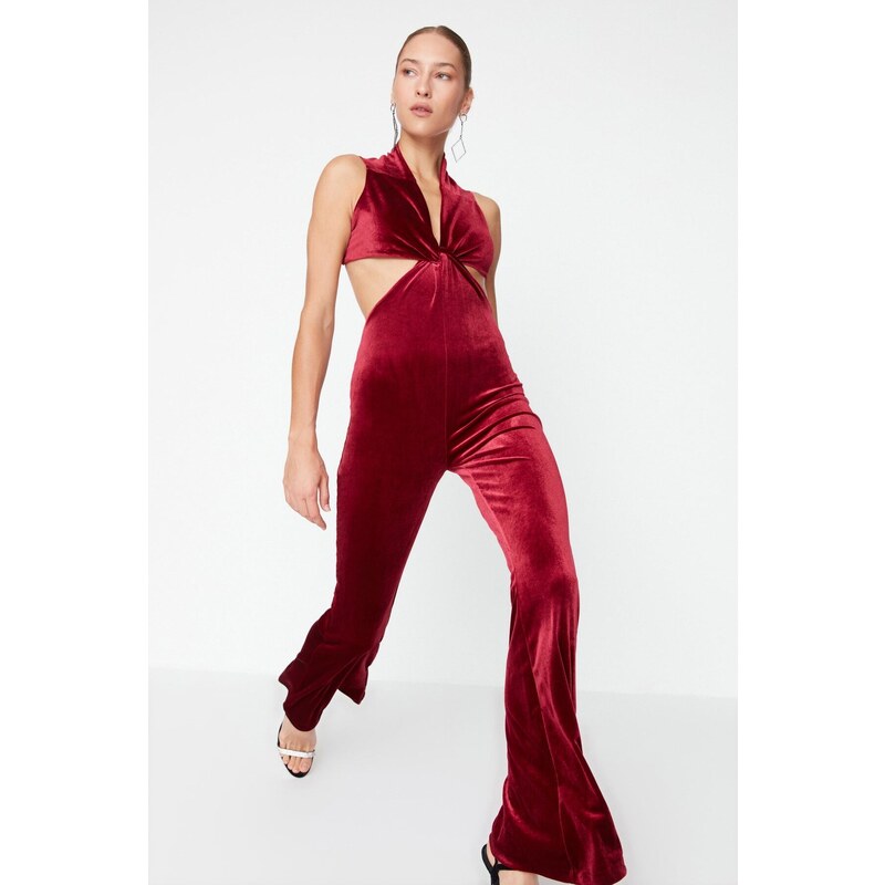 Trendyol Claret Red Velvet Knot Detailed Jumpsuit