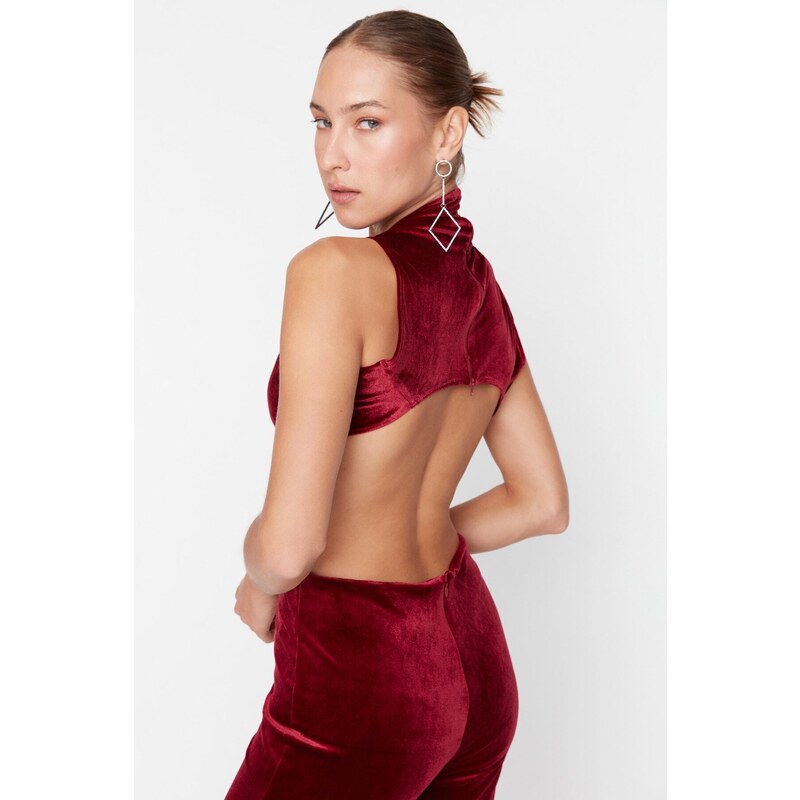 Trendyol Claret Red Velvet Knot Detailed Jumpsuit