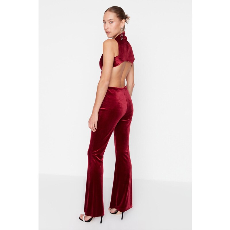 Trendyol Claret Red Velvet Knot Detailed Jumpsuit