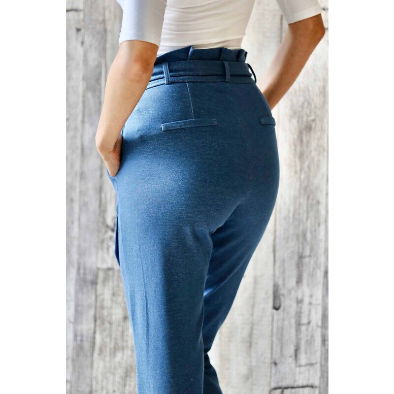 Meera Design Kalhoty do pasu s řasením / Modrý denim