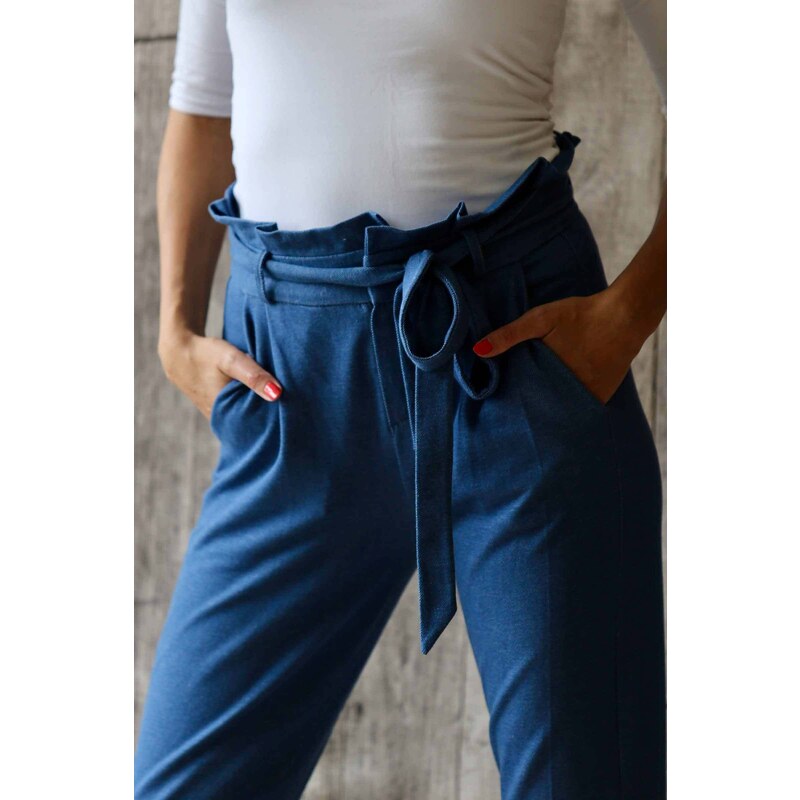 Meera Design Kalhoty do pasu s řasením / Modrý denim
