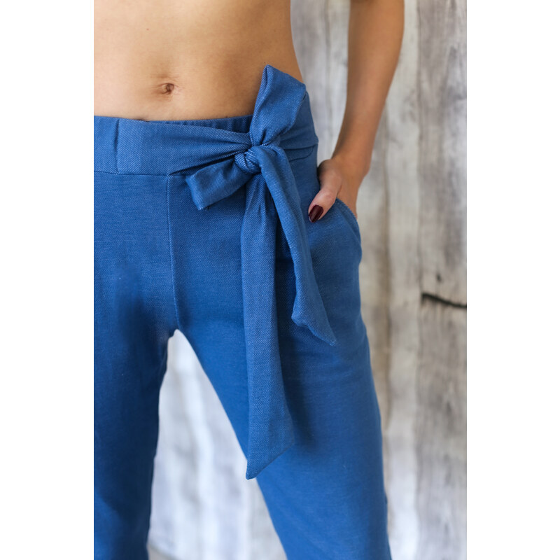 Meera Design Džínové kalhoty s mašlí Kassandra / Modrý Denim