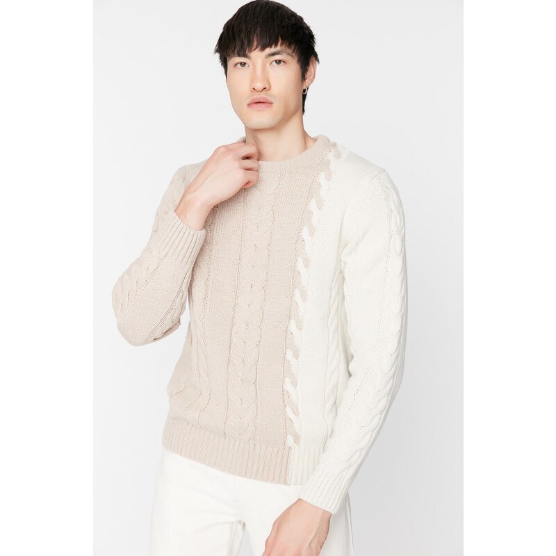 Trendyol Beige Men's Slim Fit Crew Neck Hair Knit Sweater