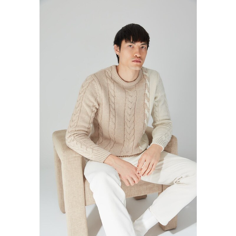 Trendyol Beige Men's Slim Fit Crew Neck Hair Knit Sweater