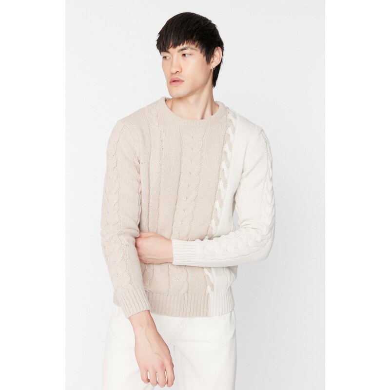 Trendyol Beige Men's Slim Fit Crew Neck Hair Knit Sweater