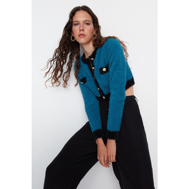 Trendyol Blue Super Crop Pile Knitwear Cardigan