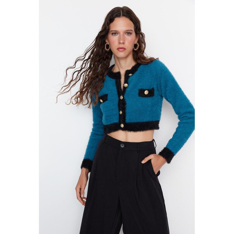 Trendyol Blue Super Crop Pile Knitwear Cardigan
