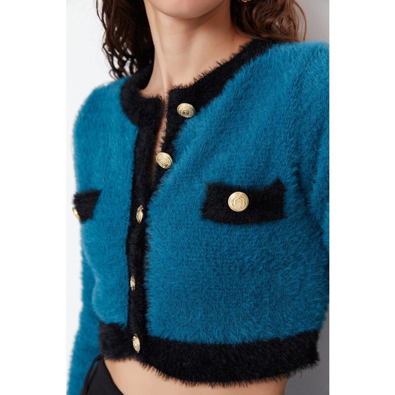 Trendyol Blue Super Crop Pile Knitwear Cardigan