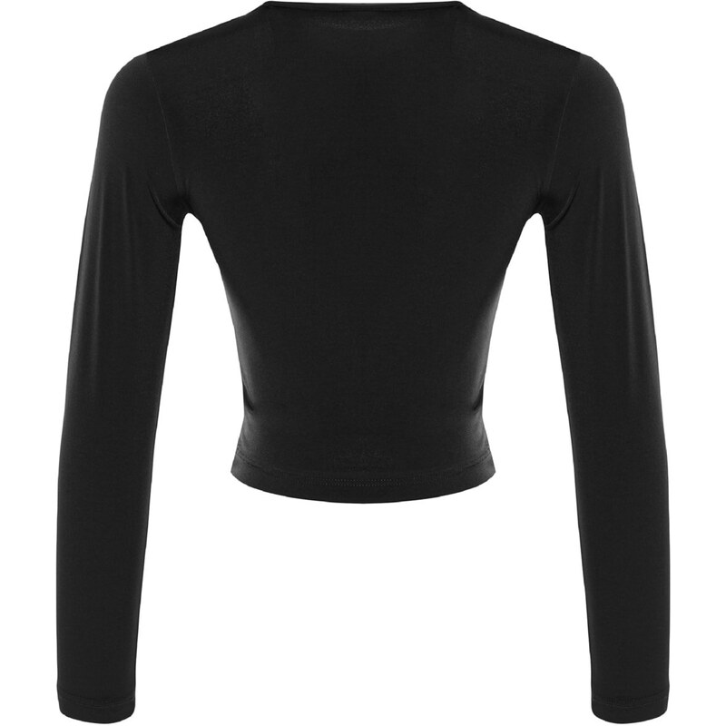 Trendyol Black With Shirring Detailed Sleeves, Fitted/Situated Stand Collar Crop Flexible Knitted Blouse