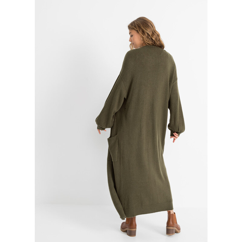 bonprix Oversize pletený kabátek v délce midi Zelená