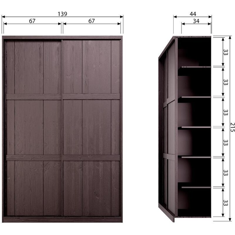 Hoorns Tmavě hnědá borovicová šatní skříň Kitai 215 x 139 cm