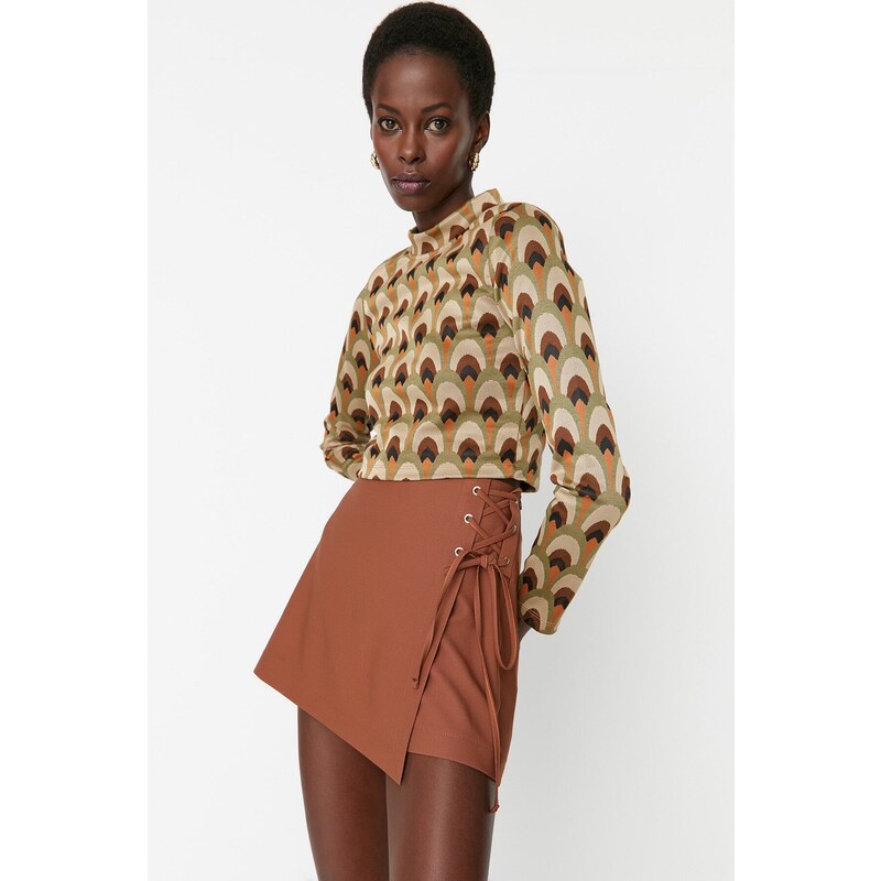 Trendyol Brown Lace and Eyelet Detail Woven Shorts Skirt