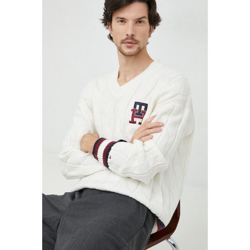 Vlněný svetr Tommy Hilfiger pánský, bílá barva, hřejivý