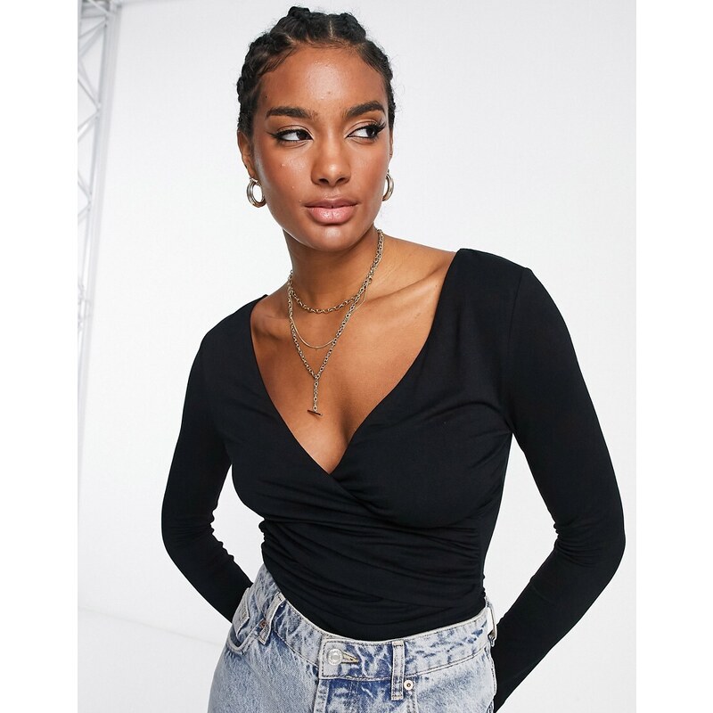 ASOS DESIGN wrap long sleeve bodysuit in black