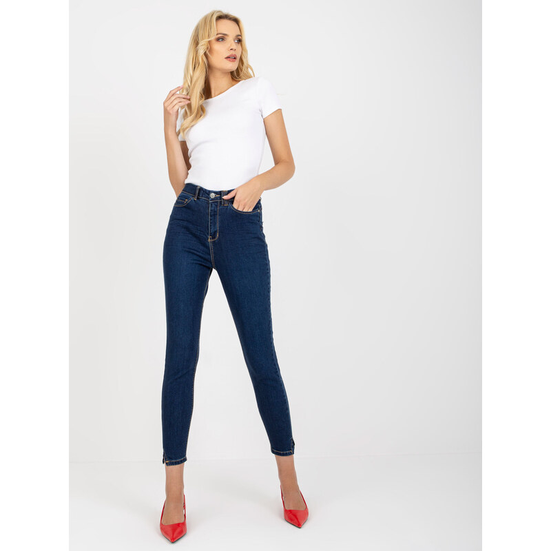 BASIC TMAVĚ MODRÉ SKINNY JEANS S ROZPARKY -DARK BLUE Denim vzor