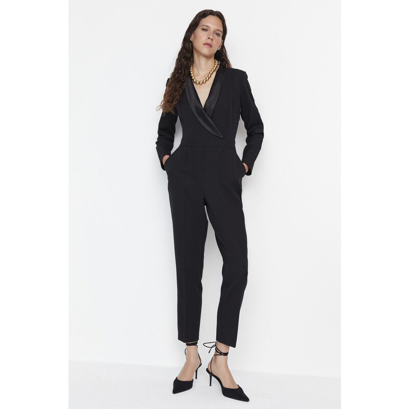 Trendyol Limited Edition Long Black Satin Collar Detailed Woven Jumpsuit