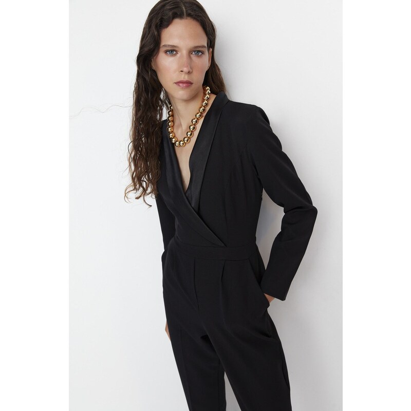 Trendyol Limited Edition Long Black Satin Collar Detailed Woven Jumpsuit