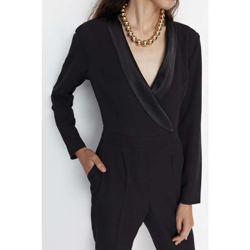 Trendyol Limited Edition Long Black Satin Collar Detailed Woven Jumpsuit