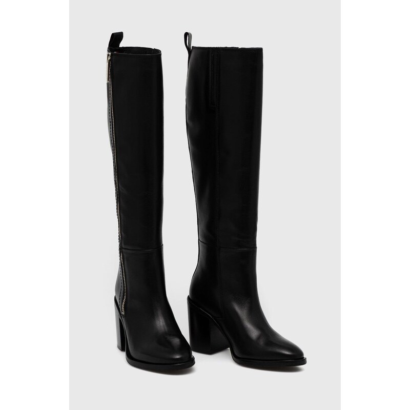 Kožené kozačky Tommy Hilfiger Zip High Heel Longboot dámské, černá barva, na podpatku