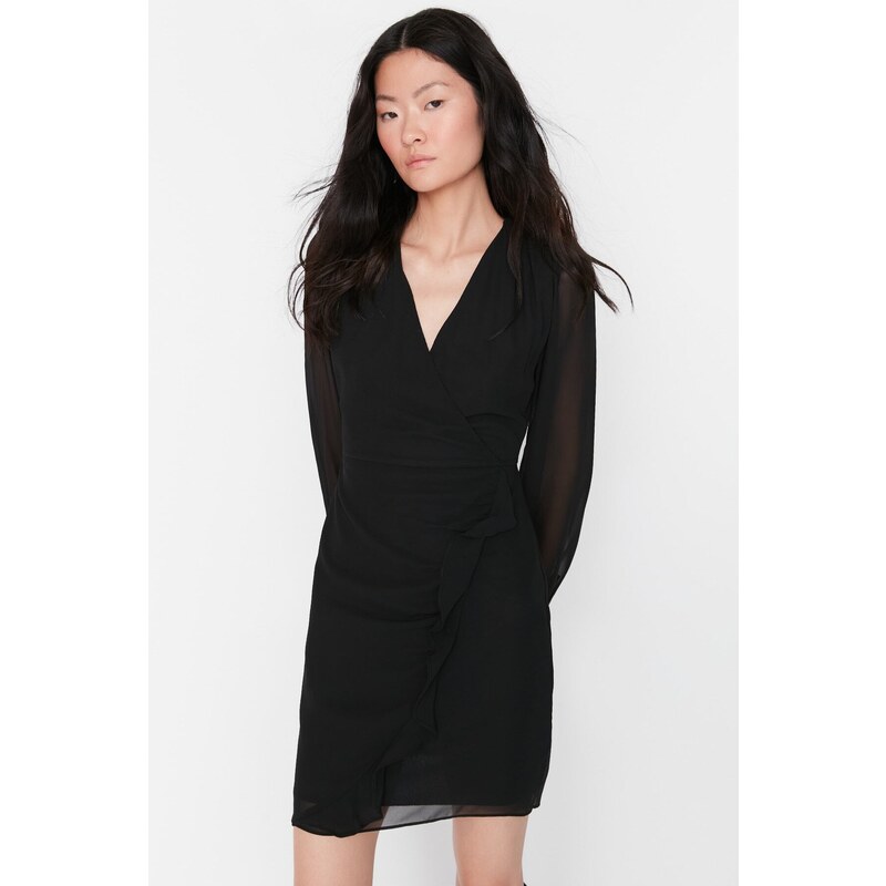 Trendyol černé mini dvouřadé tkané tkané šaty s podšívkou