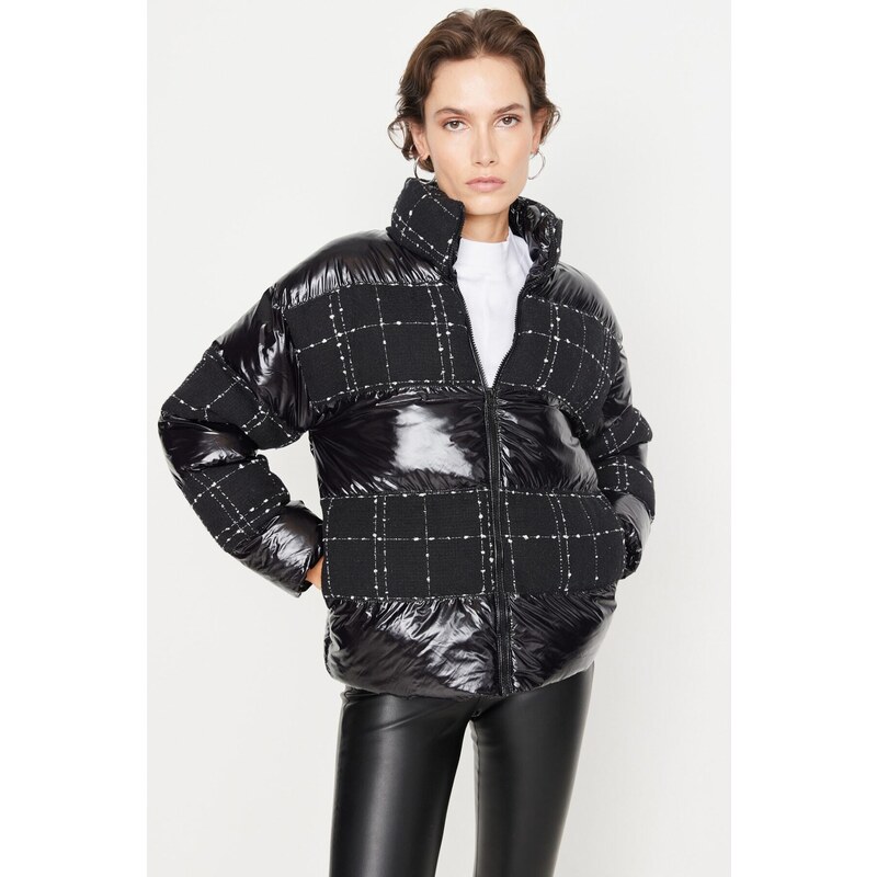 Trendyol Black Tweed Detailed Glossy Oversize Puffy Coat