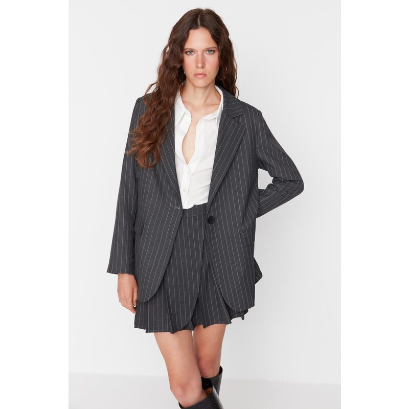 Trendyol Black Regular Lined Woven Striped Blazer Jacket