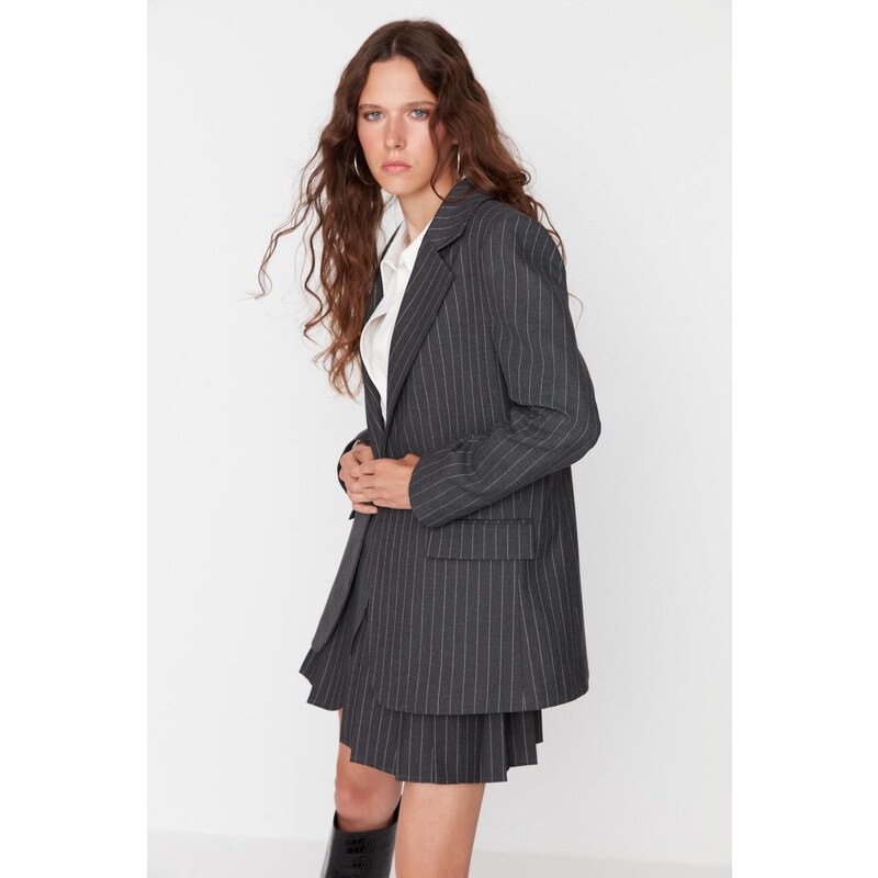 Trendyol Black Regular Lined Woven Striped Blazer Jacket