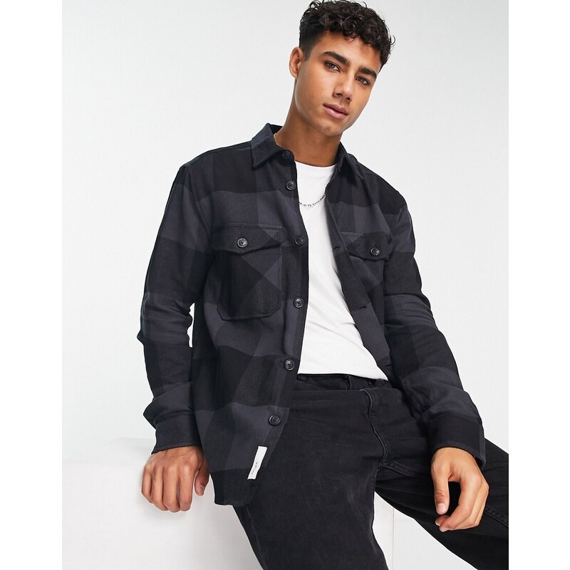 ONLY & SONS check overshirt with chest pockets in navy