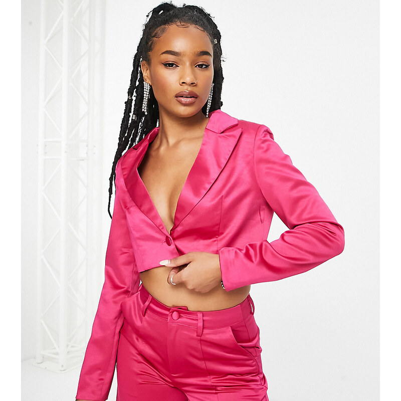 Extro & Vert Petite boxy cropped blazer in hot pink satin co-ord 74270782