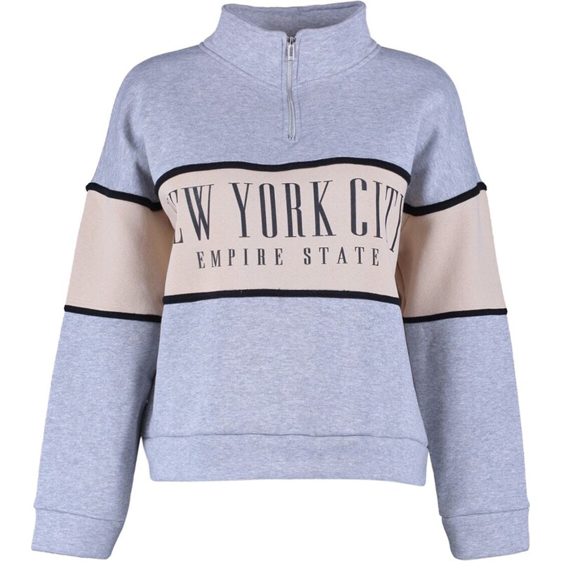 Trendyol Gray Melange Basic Printed Fleece Inside Knitted Sweatshirt