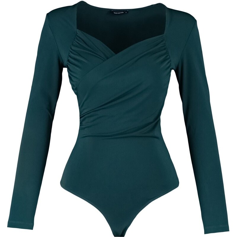 Trendyol Emerald Green Waistband Draped Detail Fitted/Situated Elastic Snaps Knitted Bodysuit